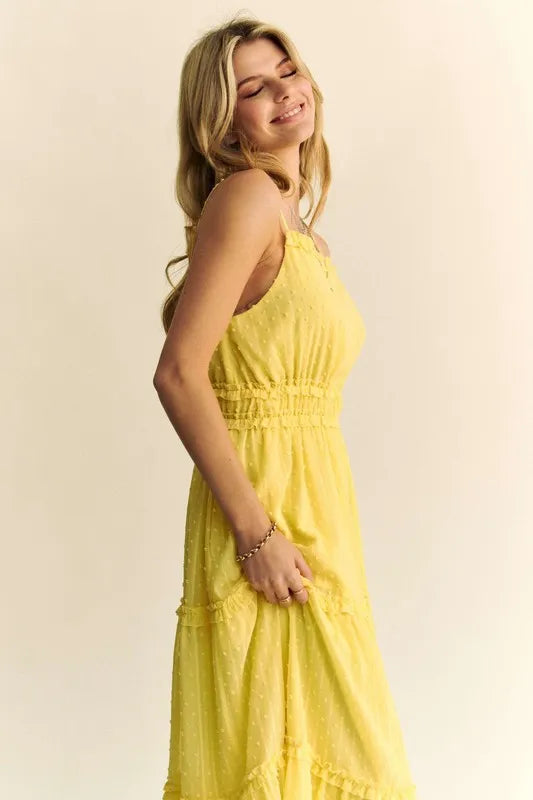Davi & Dani Texture Swiss Dot Ruffle Square Neck Midi Dress