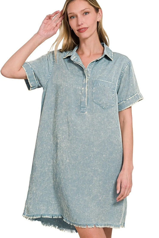 Zenana Tencel Mineral Washed Collared Shirts Dress BLUE GREY