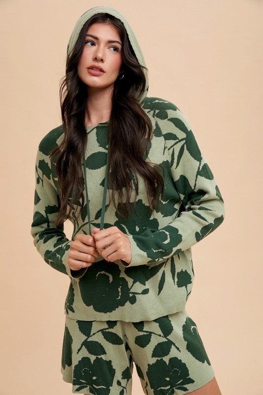 Annie Wear Flower Pattern Drawstring Hooded Top and Shorts Sweater Set Green combo