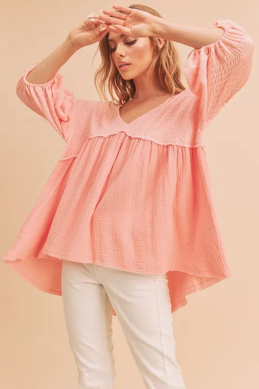 Aemi + Co High-Low Frayed Hem V-Neck Blouse Watermelon pink
