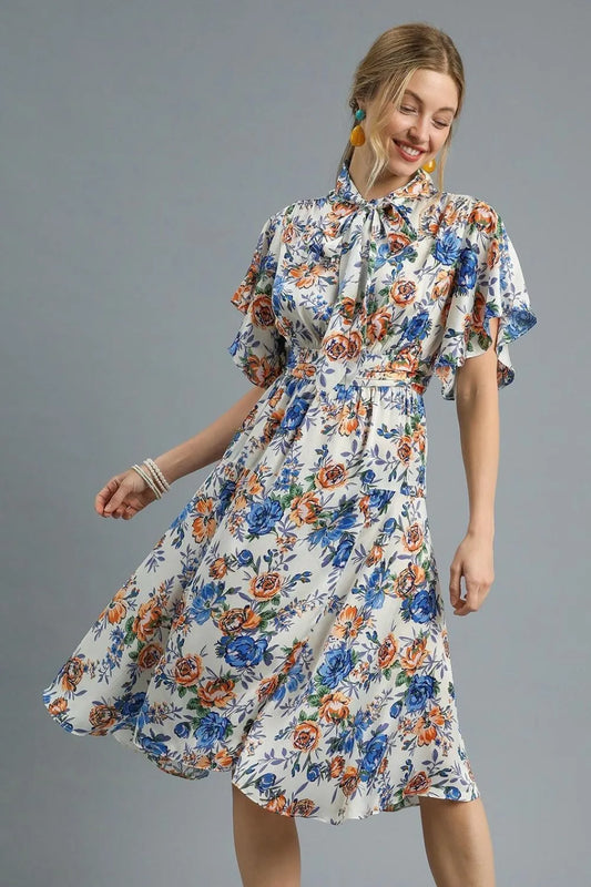 Umgee Floral Print Flutter Sleeve Dress Royal Blue
