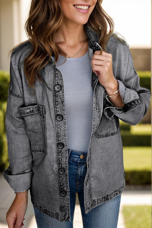 Button Up Long Sleeve Denim Jacket Dark