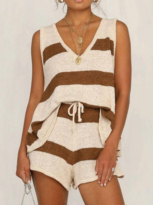 V-Neck Sleeveless Top and Drawstring Shorts Sweater Set Brown