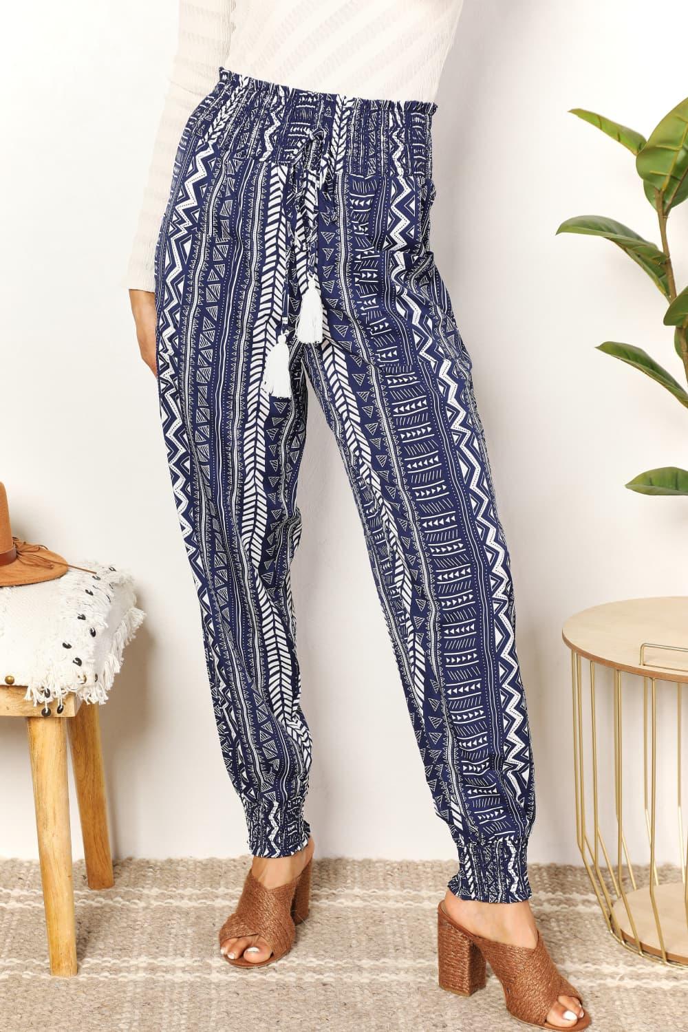 Geometric Print Tassel High-Rise Pants Dark Blue