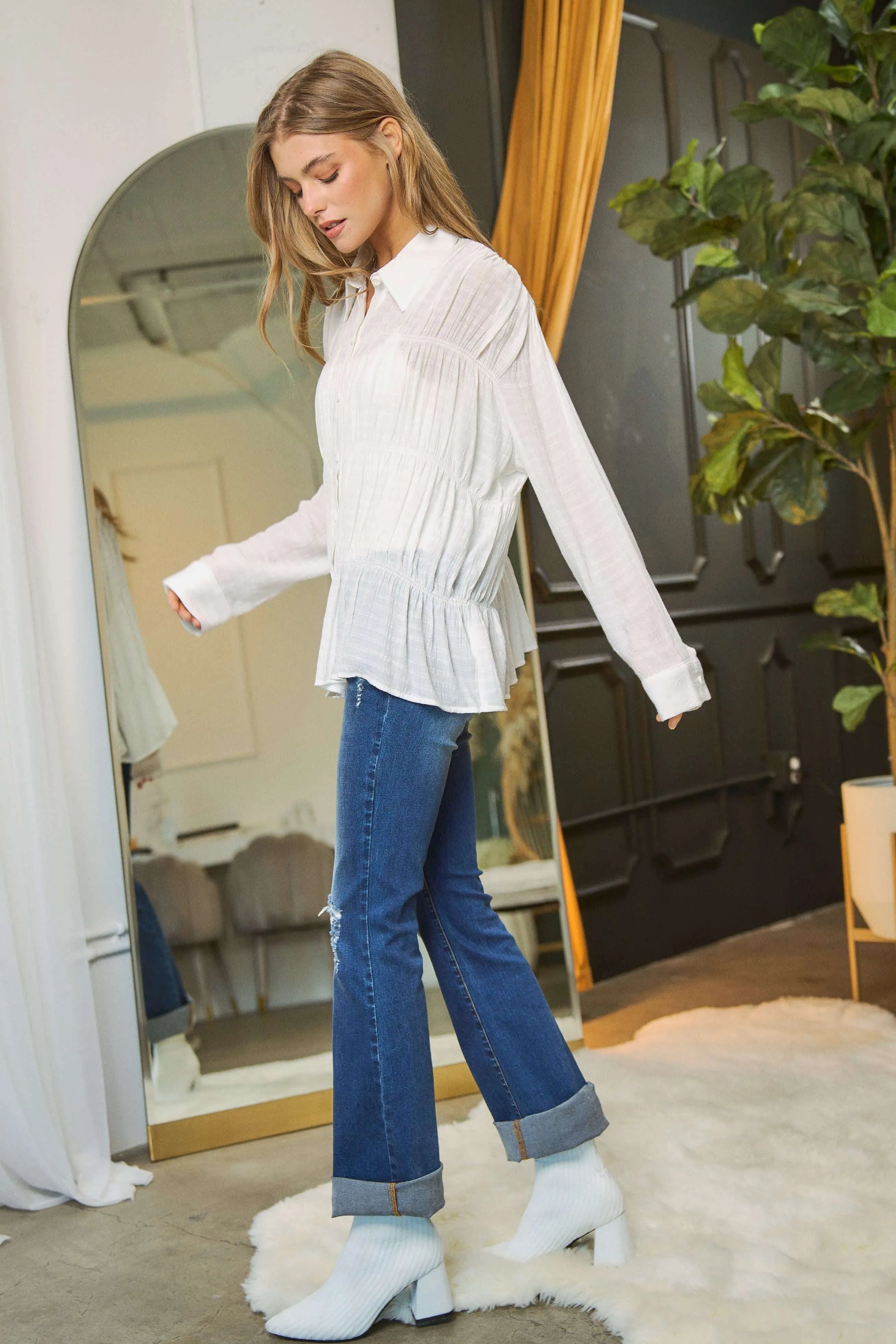 Davi & Dani Ruched All Over Button Front Shirt