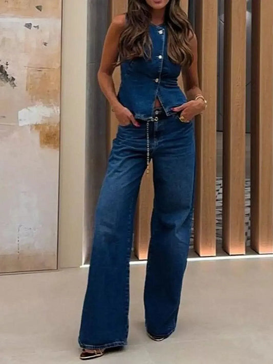 Button Down Vest and Flare Jeans Denim Set Medium