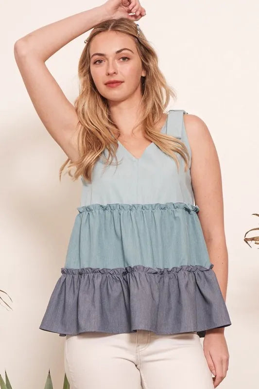 Lime 'N' Chili Full Size Color Block V-Neck Baby Doll Sleeveless Top Plus Size