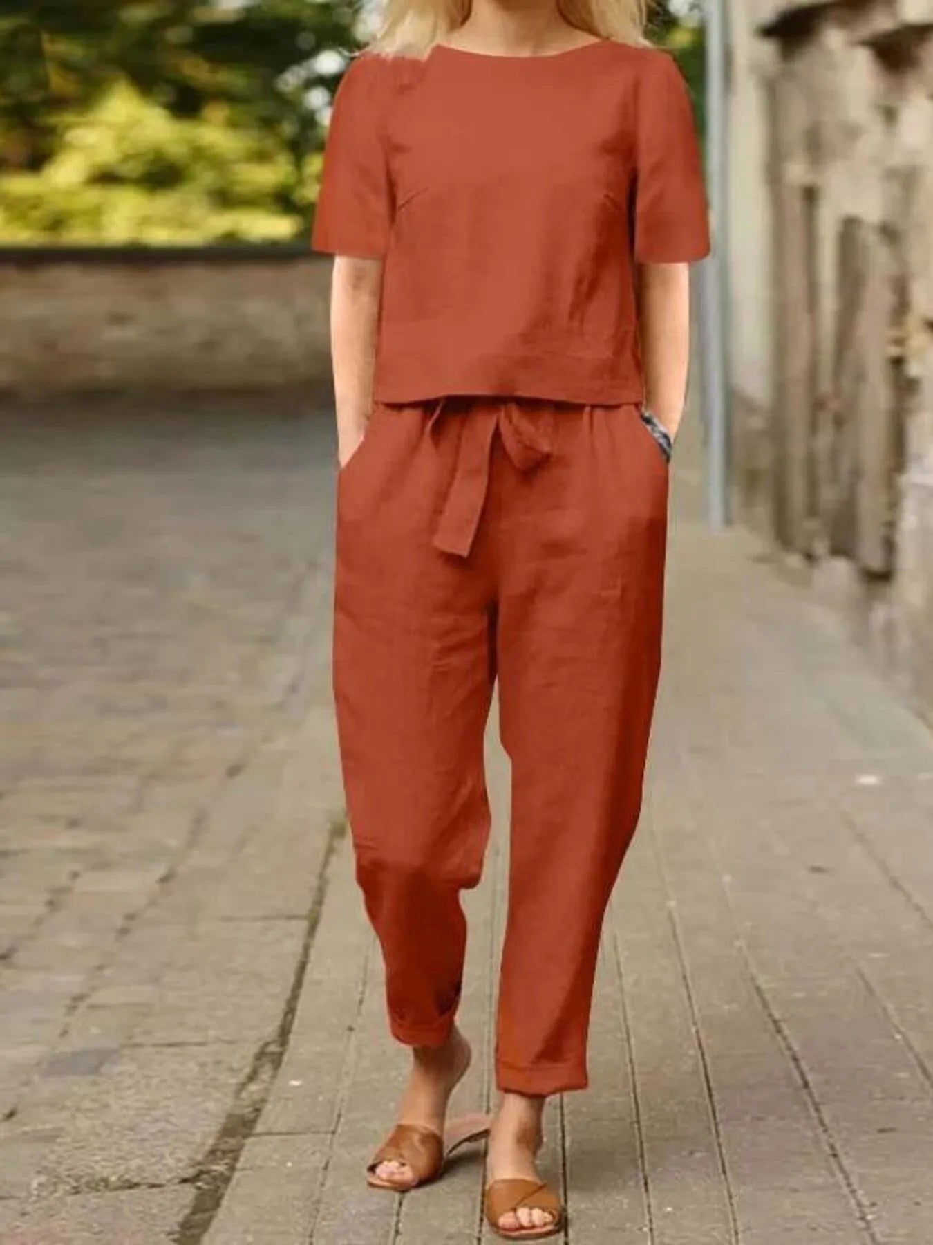 Full Size Round Neck Short Sleeve Top and Pants Set Plus Size