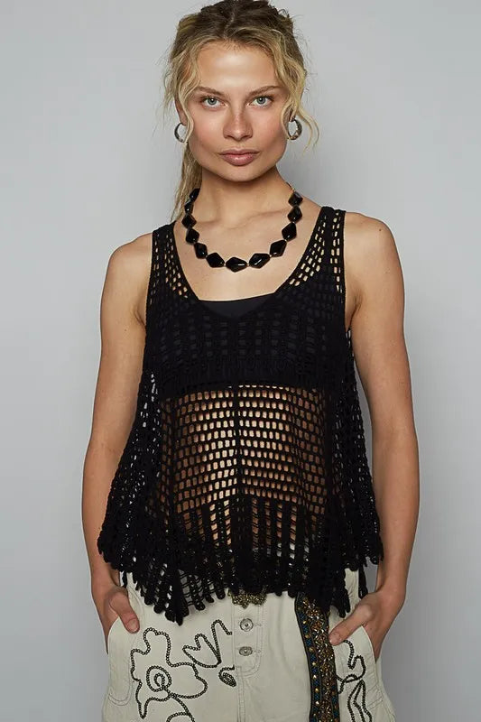 POL V-Neck Sleeveless Woven Crochet Knit Cover Up Black One Size