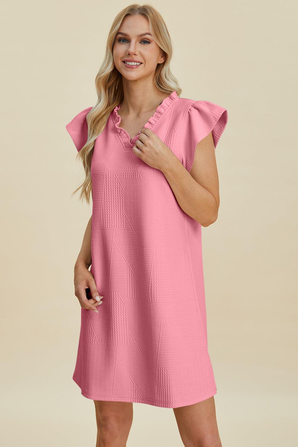 Double Take Full Size Ruffled V-Neck Cap Sleeve Dress Blush Pink