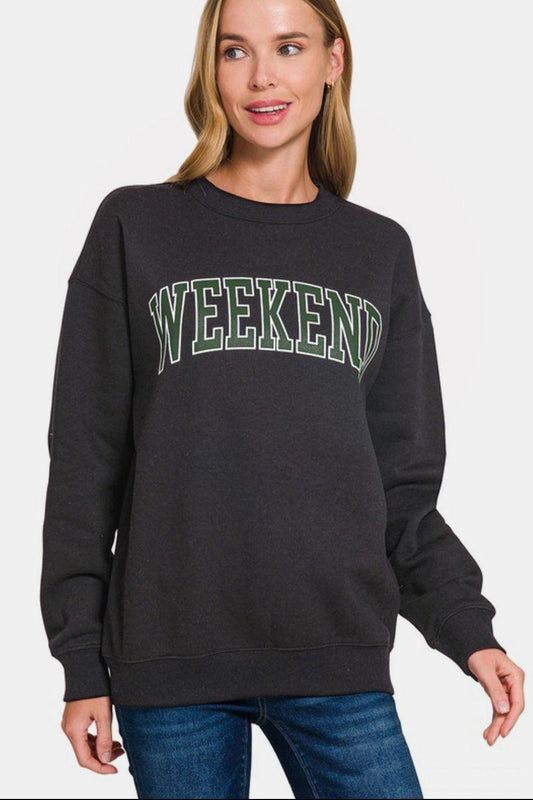 Zenana WEEKEND Round Neck Dropped Shoulder Sweatshirt Black