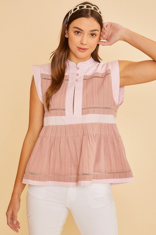 Annie Wear Contrast Trim Peplum Button Detail Blouse Dusty Pink