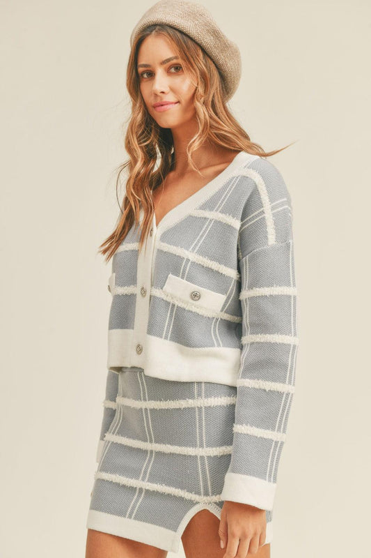 MABLE Plaid Button Down Sweater Cardigan and Mini Skirt Set Dusty Blue