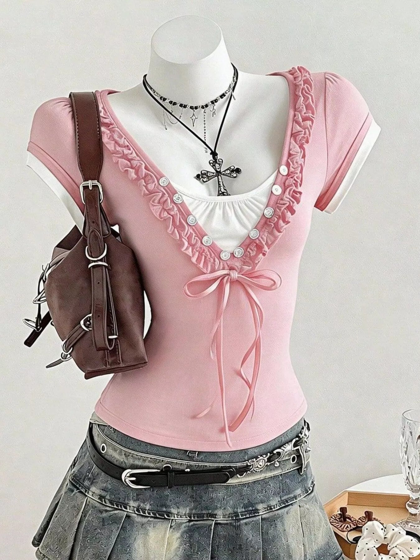 Pink Frill Cap Sleeve Slim Fit T-Shirt