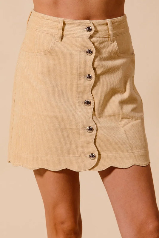 SO ME Scallop Buttoned Front Corduroy Mini Skirt OATMEAL