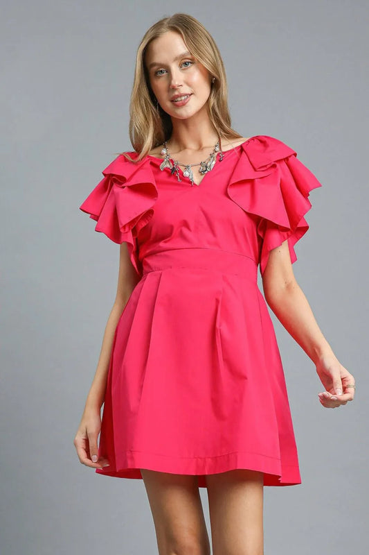 Umgee Double Ruffle Sleeve Fit and Flare Dress Deep Rose