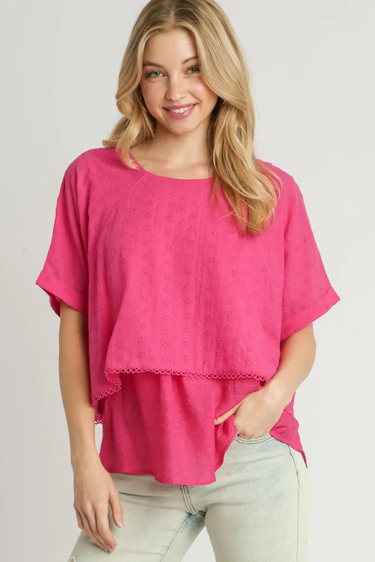 Umgee Full Size Eyelet Layered Short Sleeve Blouse Plus Size Hot Pink