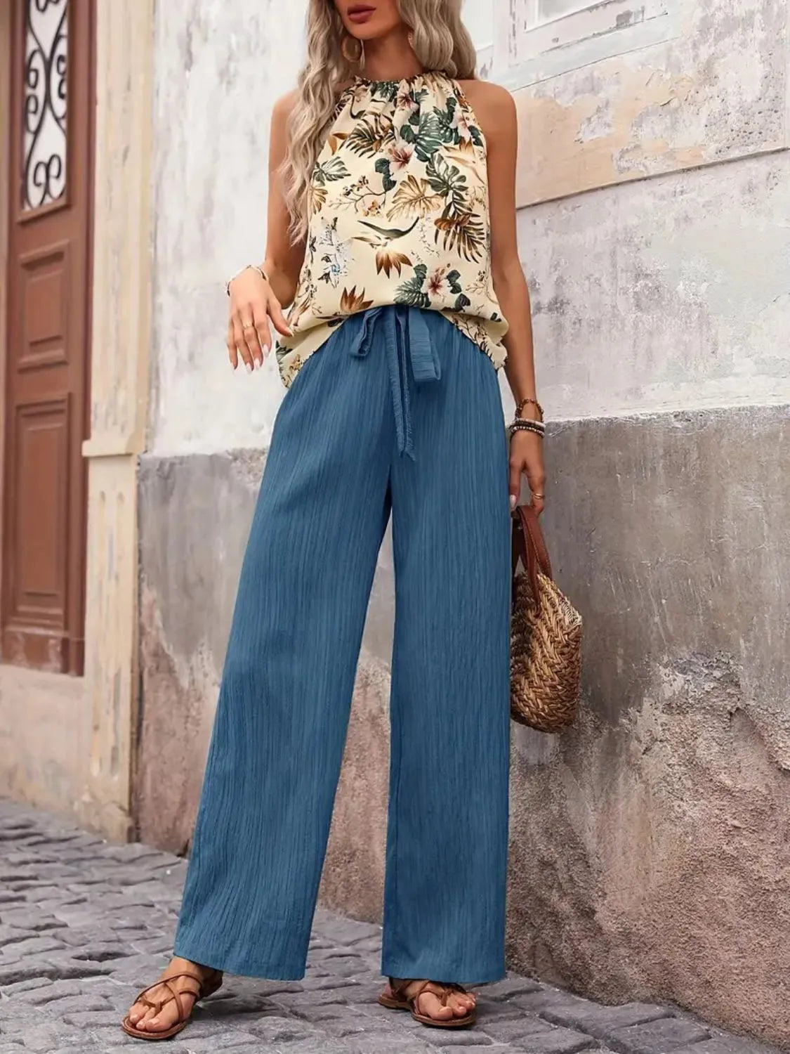 Printed Tank Top and Wide Leg Pants Set Cerulean