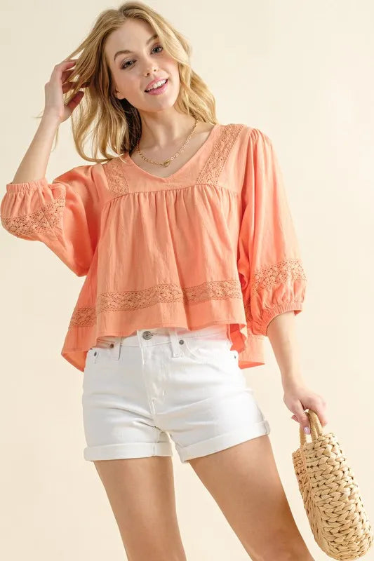 And The Why Lace Detailed V Neck Blouse Top PAPAYA