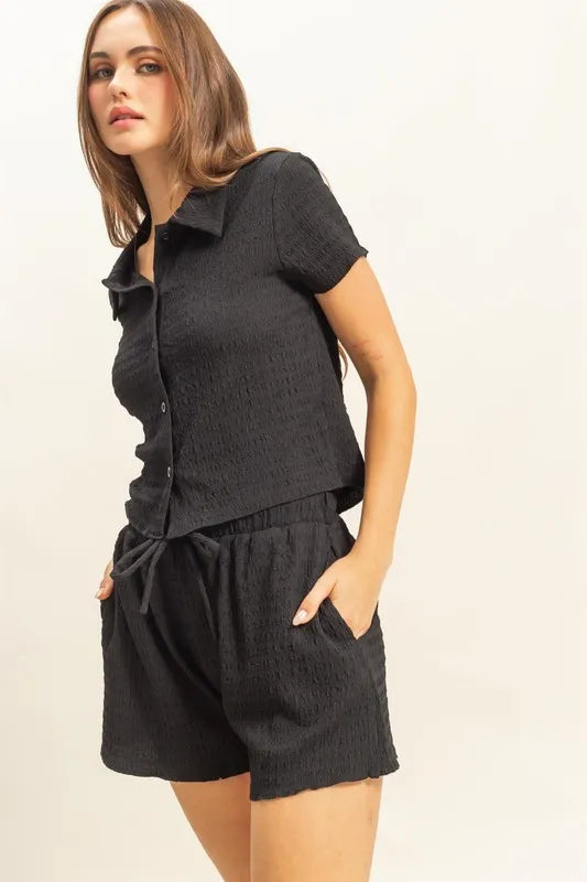 HYFVE Textured Short Sleeve Top and Drawstring Shorts Knit Set Black