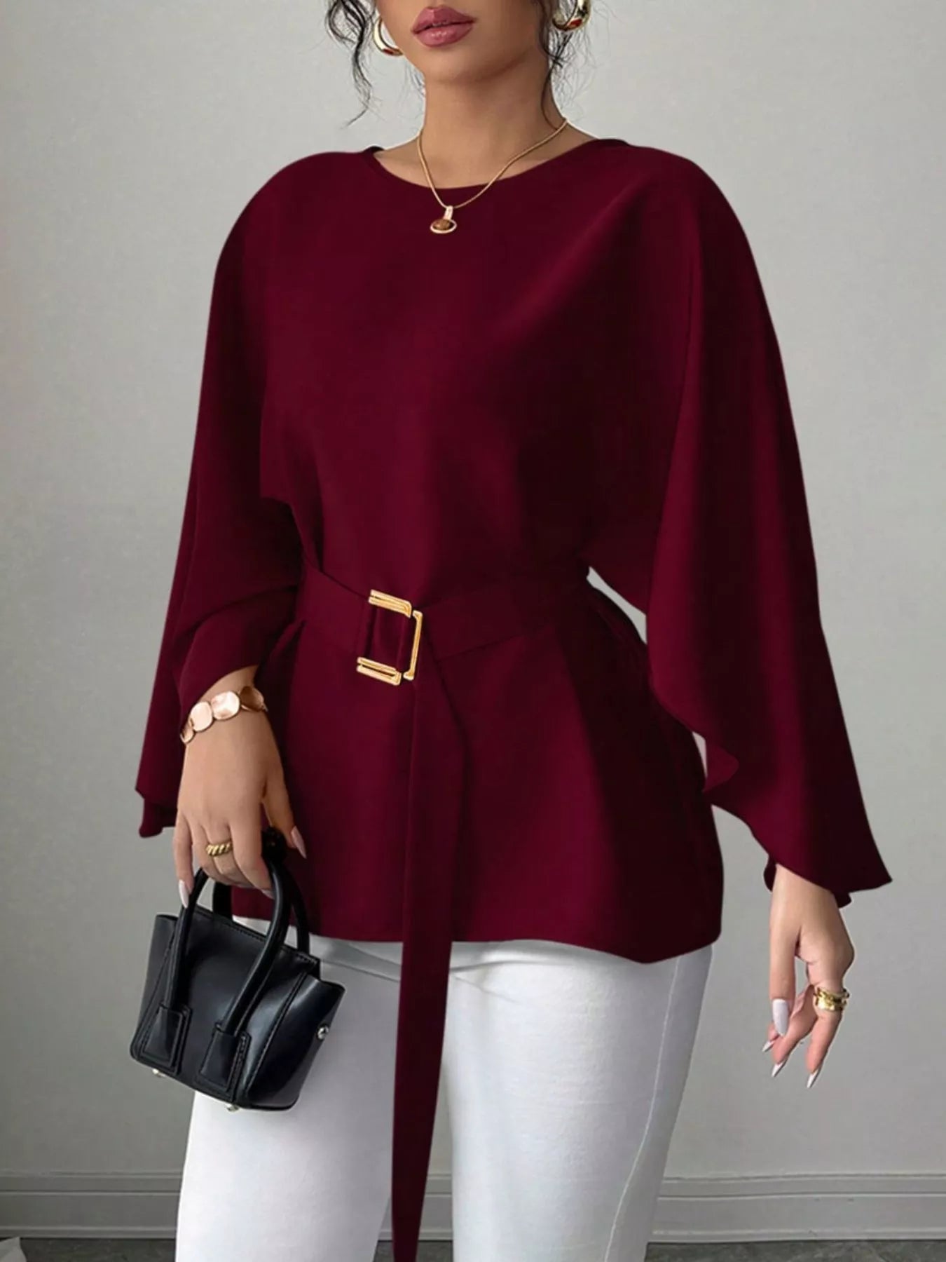 Batwing Sleeve Belted Blouse