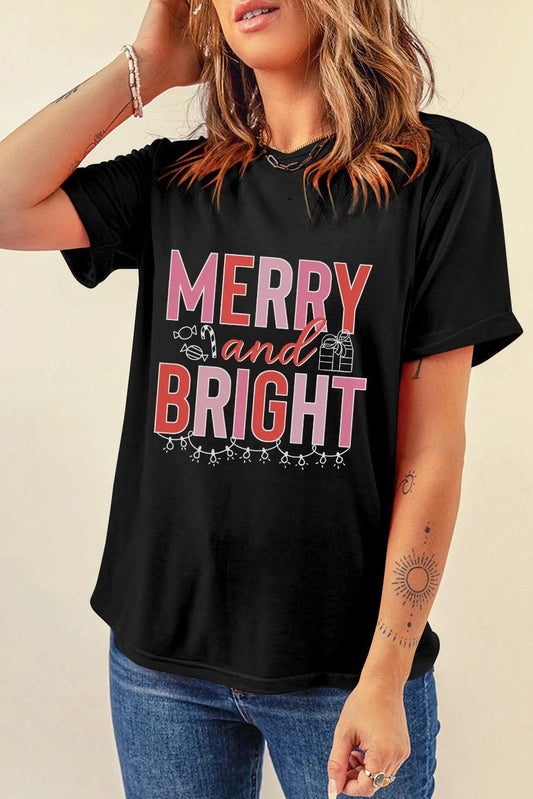 MERRY AND BRIGHT Round Neck Short Sleeve T-Shirt Black
