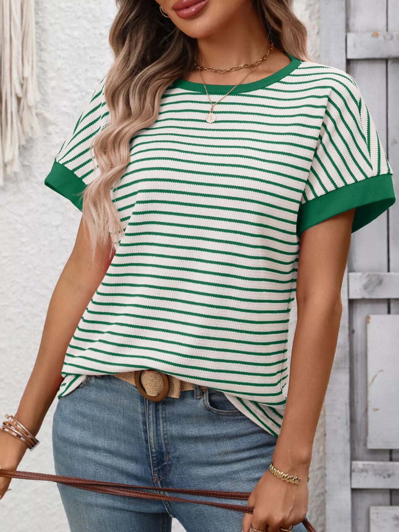 Striped Ribbed Knit Short Sleeve T-Shirt