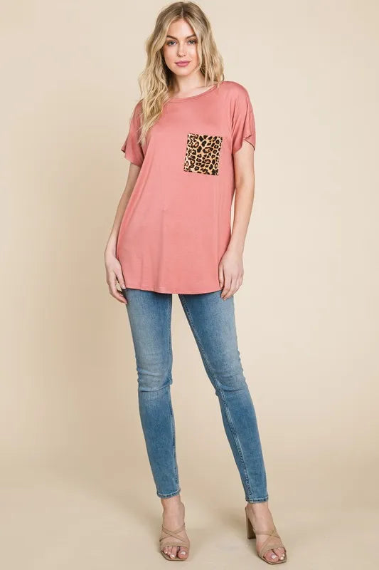 BOMBOM Leopard Chest Pocket Tee BRICK
