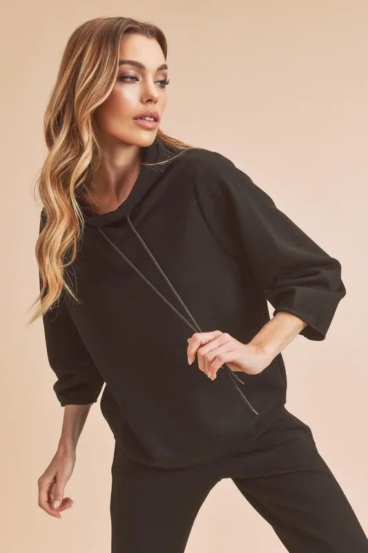 Aemi + Co Lightweight Drawstring Mock Neck Sweatshirt Black