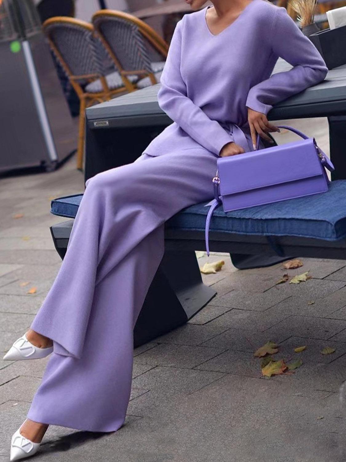 V-Neck Long Sleeve Top and Drawstring Pants Sweater Set Blue Purple One Size