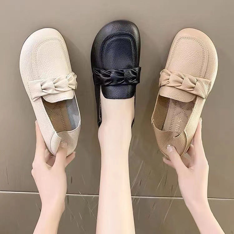 Women's Leather Slip-On Loafers | Round Toe Flat Shoes for Casual Everyday Wear