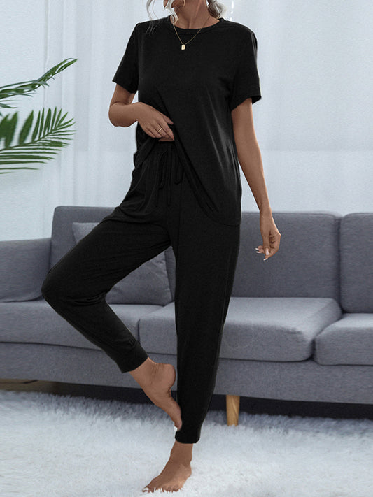 Shiny Round Neck Short Sleeve Top and Pants Set Black