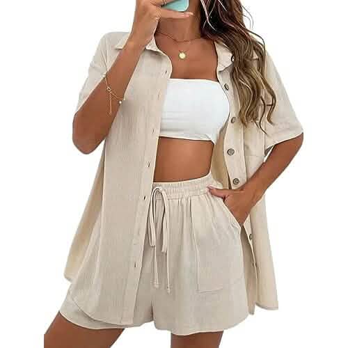Woman wearing a beige shirt and shorts set with a white top on a white background