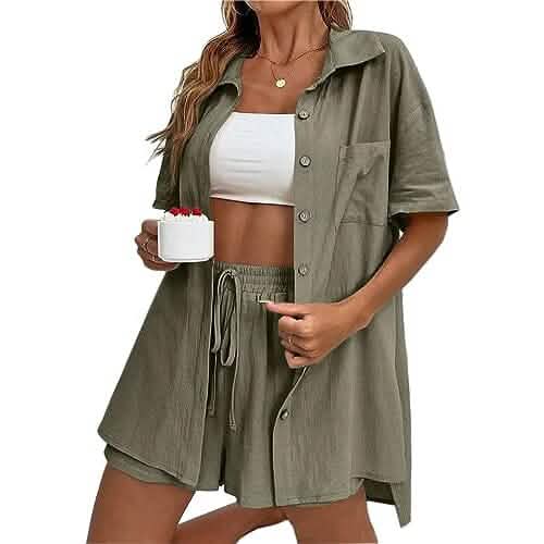 Woman wearing a green button-up shirt and shorts set on a white background
