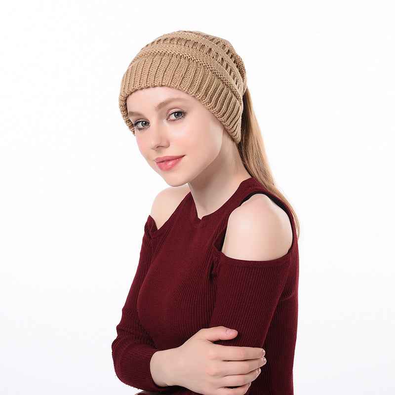 Womens Knitted Ponytail Hat Winter Warm Cap CAMEL Without label