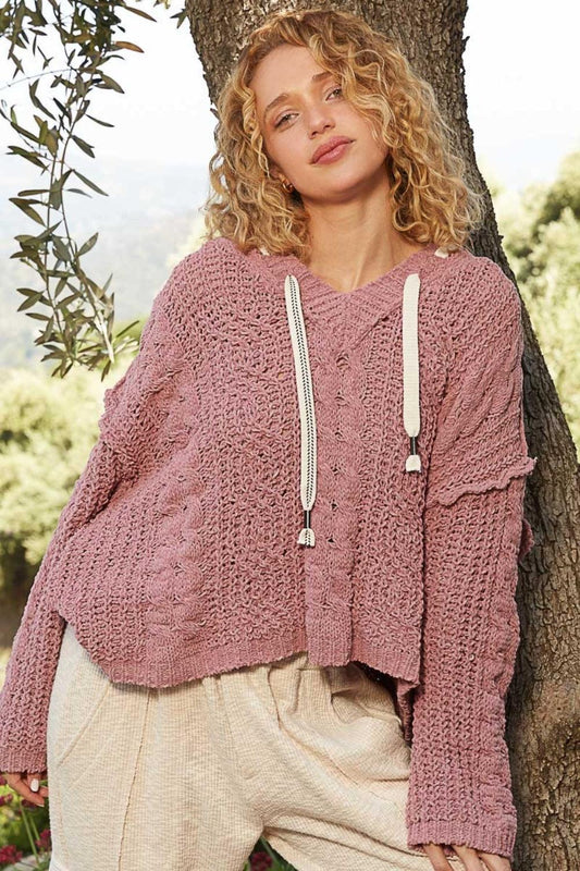 POL Cable Knit Hooded Chenille Sweater Red Bean Paste