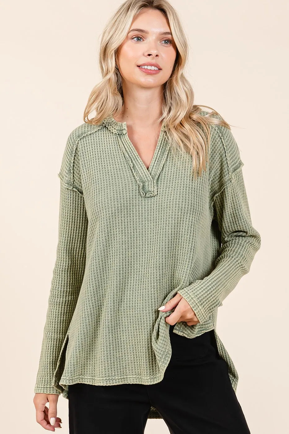 Mittoshop Mineral Wash Waffle Knit V-Neck Long Sleeve Top OLIVE