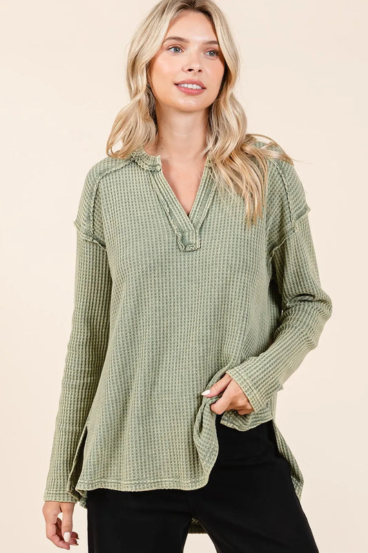 Mittoshop Mineral Wash Waffle Knit V-Neck Long Sleeve Top OLIVE