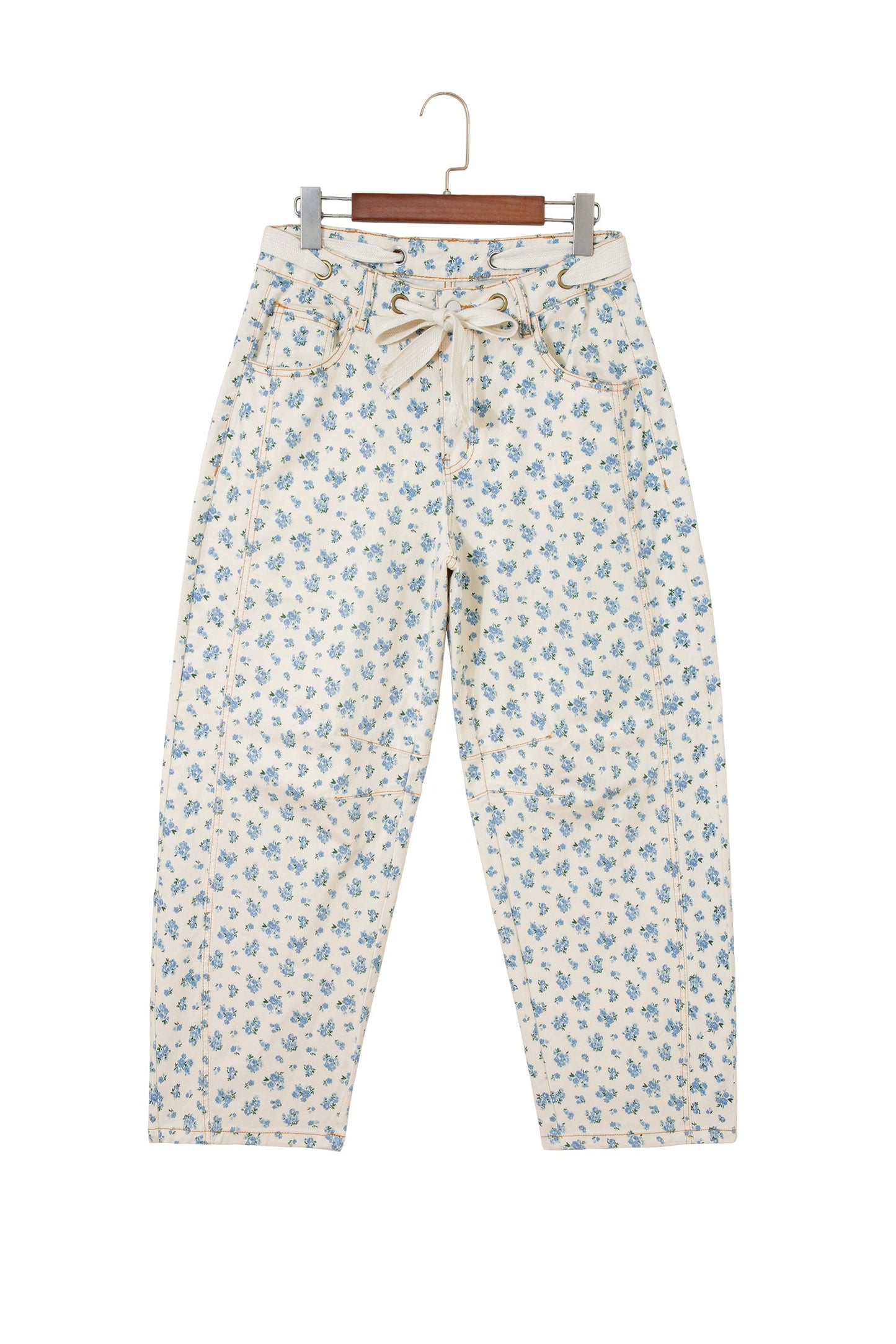 Floral Grommet Knot Waist Barrel Leg Jeans