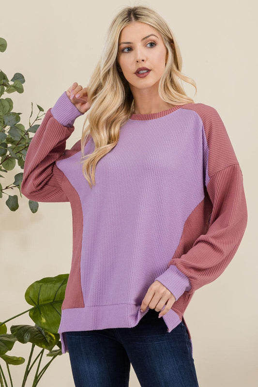 Celeste Full Size High-Low Contrast Round Neck Sweatshirt Lavender