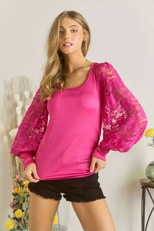 ADORA Lace Splicing Puff Sleeve Top