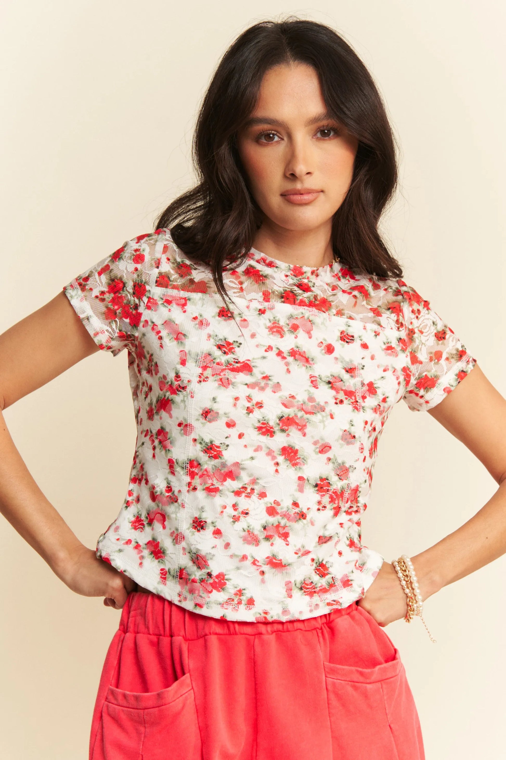 Davi & Dani Ribbon Short Sleeve Layered Mesh Top WHITE MULTI