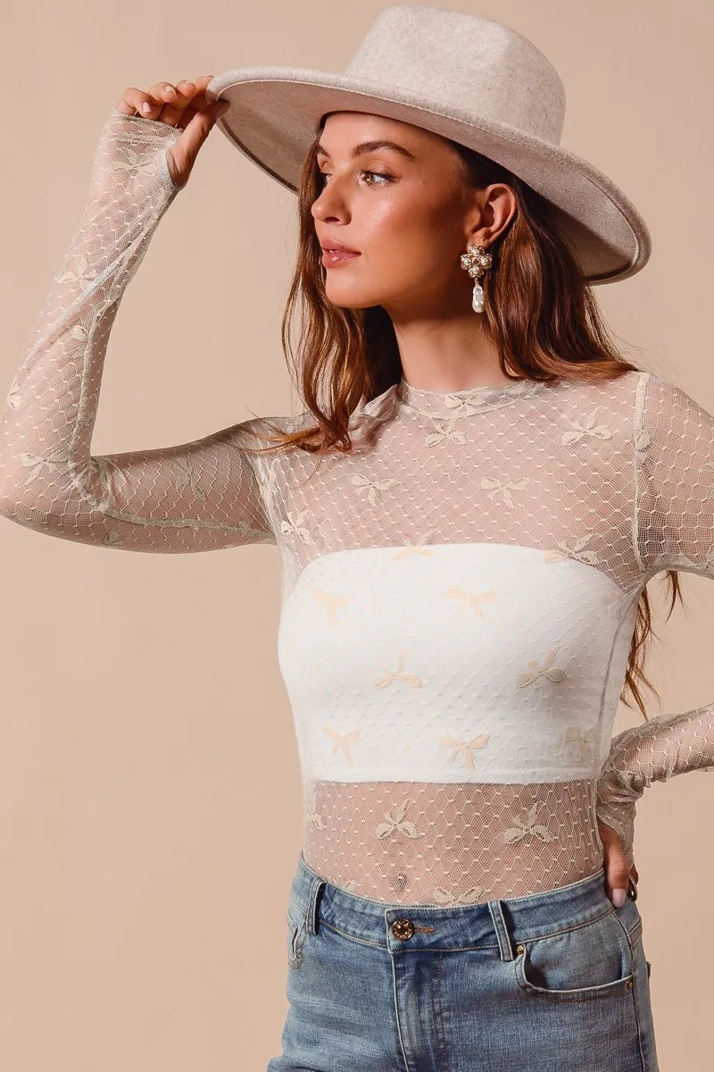 SO ME Bow Ribbon Pattern Sheer Lace Top OATMEAL