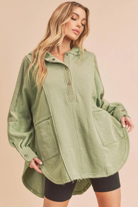 Aemi + Co Slit Half Snap Oversize Hoodie Sage