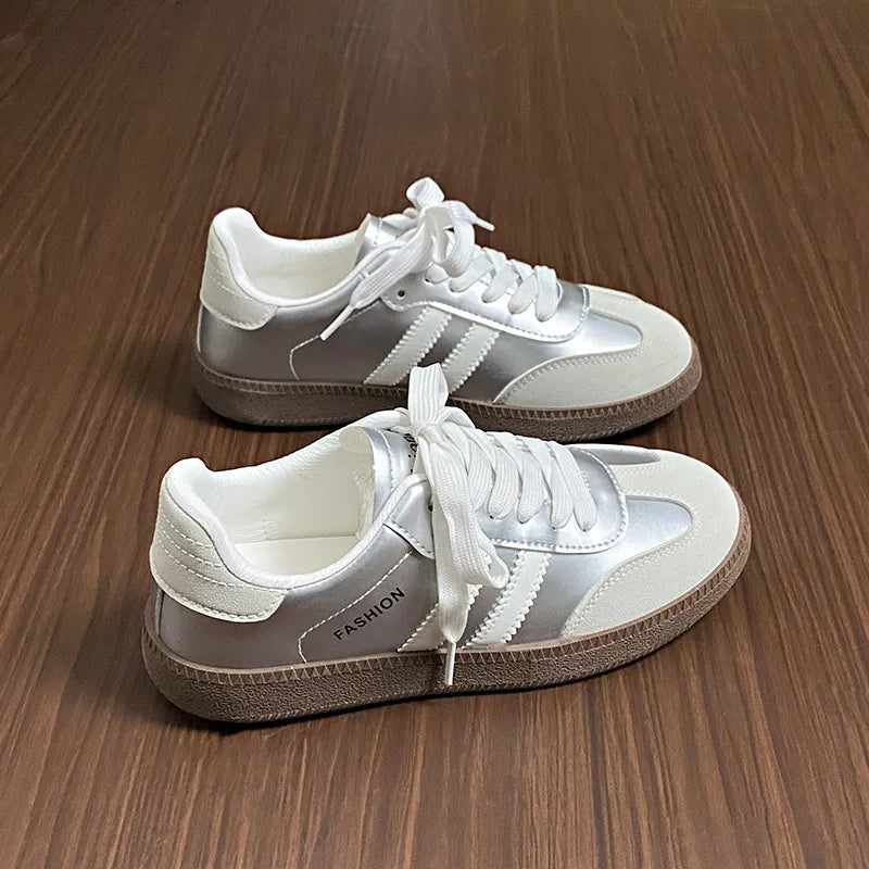 Side Striped Lace Up Round Toe Sneakers Silver