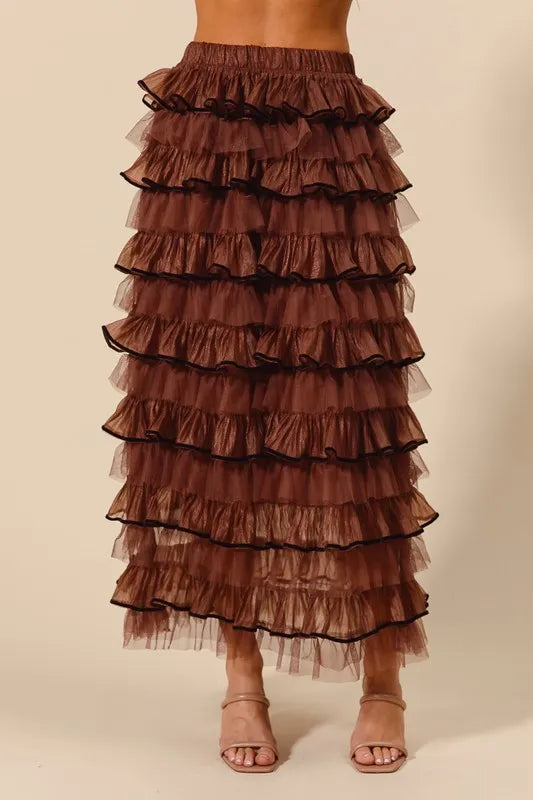 SO ME Layered Ruffled Tulle Maxi Skirt MOCHA