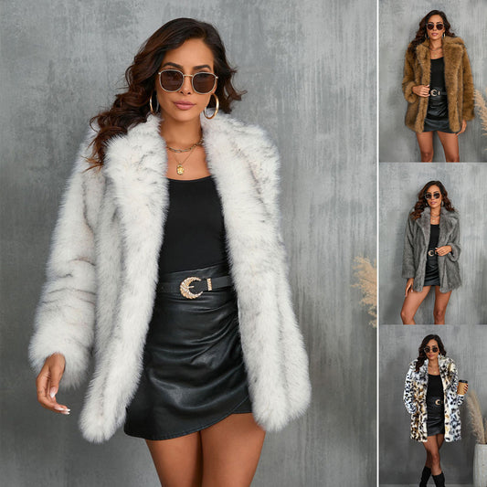 A woman models a fluffy faux-fur coat in a studio setting with a gray textured wall. The main panel shows the coat in a light gray-white tone over a black dress, while three smaller side panels show the same coat in different colorways: brown, taupe-gray, and leopard print.