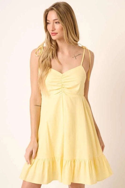 Mittoshop Ruched Detail Spaghetti Tie Mini Dress YELLOW