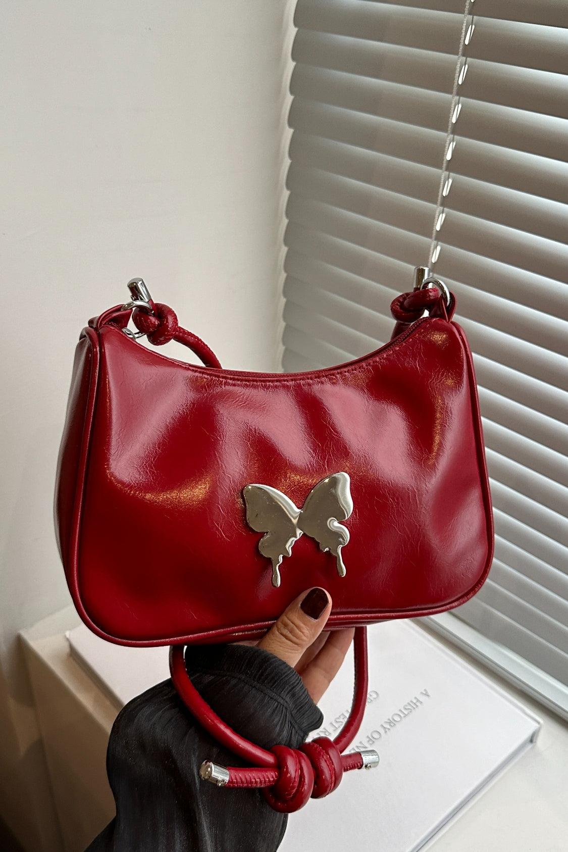 Butterfly PU Leather Knotted Strap Shoulder Bag Deep Red One Size