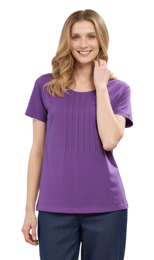 Women's Short Sleeve Pintuck Scoop Neck T-Shirt — 100% Cotton Knit
